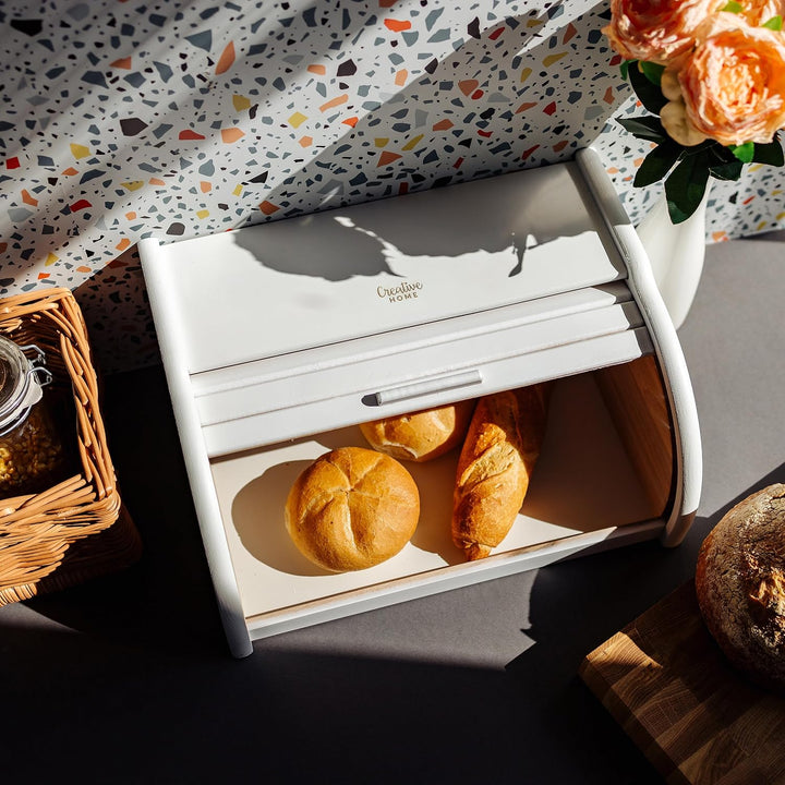 Creative Home Weiss Brotkasten Holz | 38 x 28,5 x 17,5cm (+/-1cm) | Perfekte BrotBox für Brot Brötch