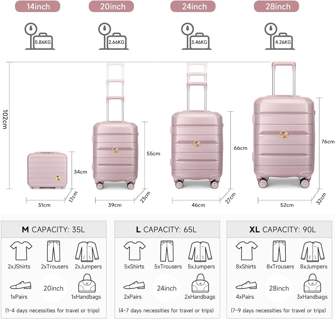 Hartschalenkoffer Set 4 Teilig S/M/L/XL Rollkoffer Handgepäck 100% PP Reisekoffer mit 360°Doppel Zwi