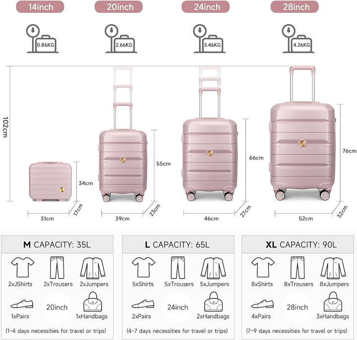 Hartschalenkoffer Set 4 Teilig S/M/L/XL Rollkoffer Handgepäck 100% PP Reisekoffer mit 360°Doppel Zwi