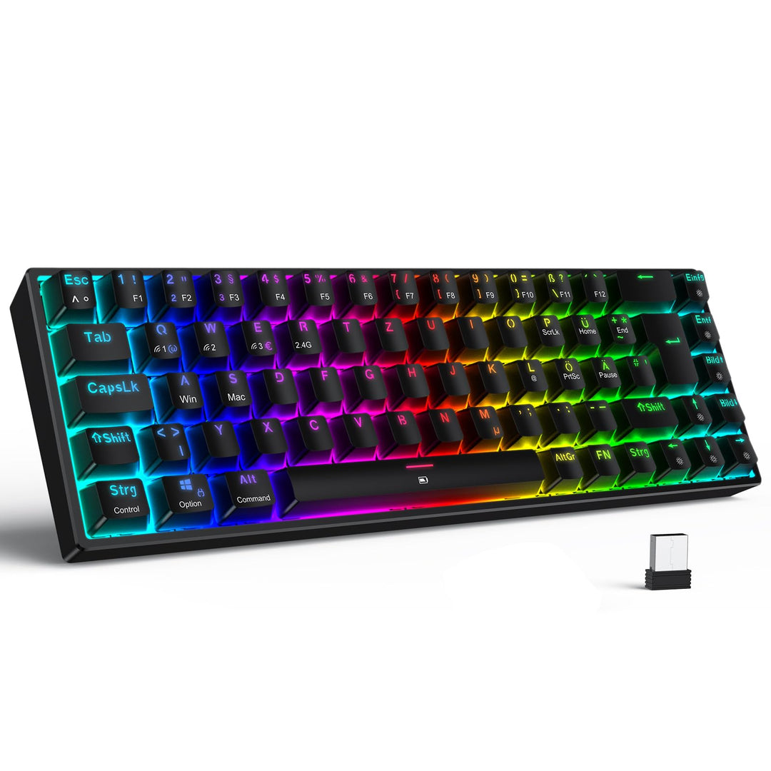TECURS Gaming Tastatur Kabellos, Mechanische Tastatur RGB QWERTZ (German Layout) mit Rote Schalter f