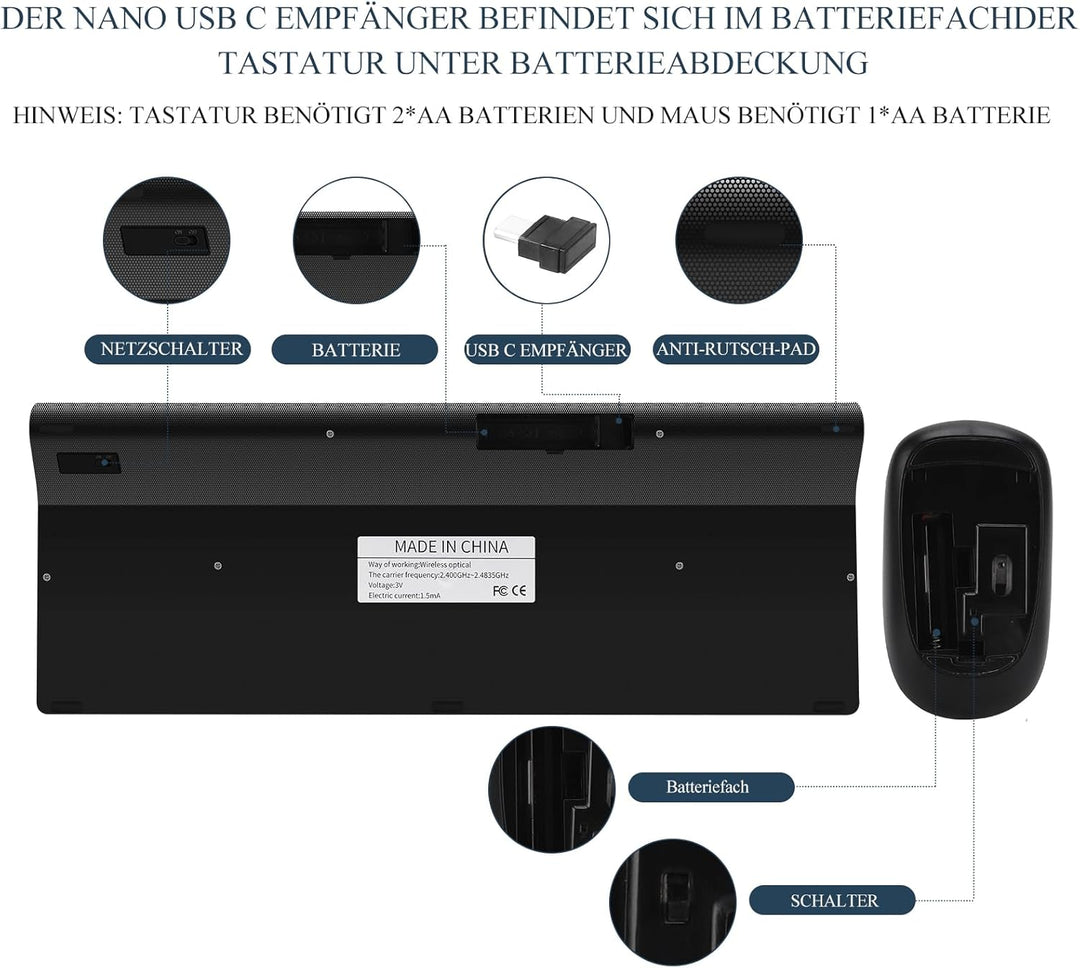 USB C Wireless Tastatur und Maus Combo, Full Size Typ c Tastatur und Maus Kompatibel für Win 7/8/10,