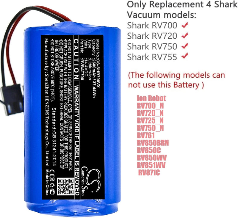 2600mAh RVBAT700 Ersatz Akku Kompatibel mit Shark ION Robot 700, ION Robot 720, ION Robot 750, ION R