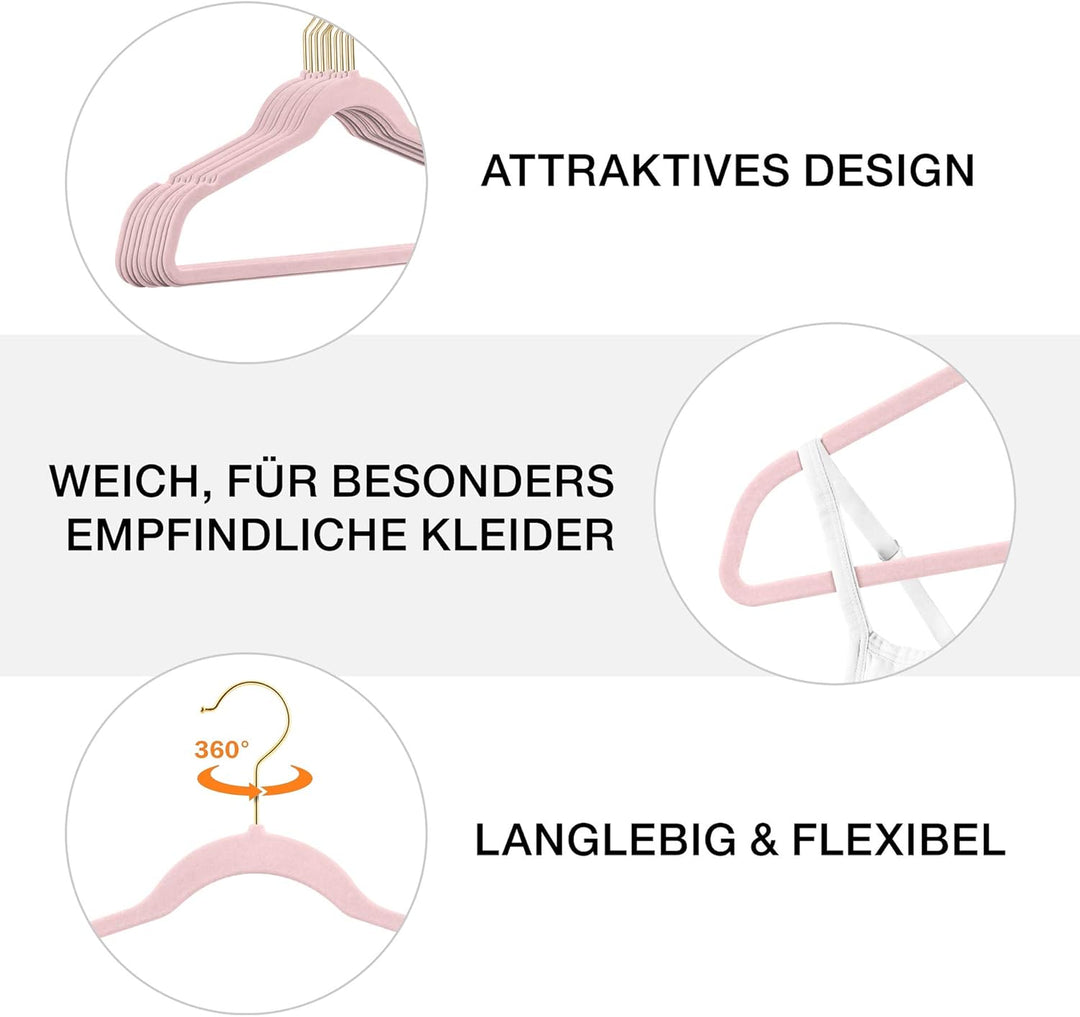 100 Stück hochwertige Samt Kleiderbügel in der Farbe Rosa mit Gold Look Haken/Anti-Rutsch/von Sticka