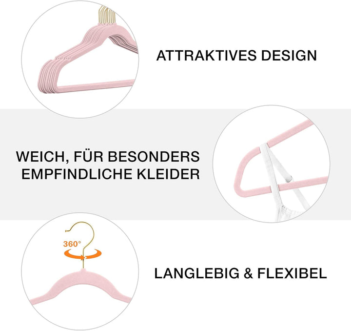 100 Stück hochwertige Samt Kleiderbügel in der Farbe Rosa mit Gold Look Haken/Anti-Rutsch/von Sticka