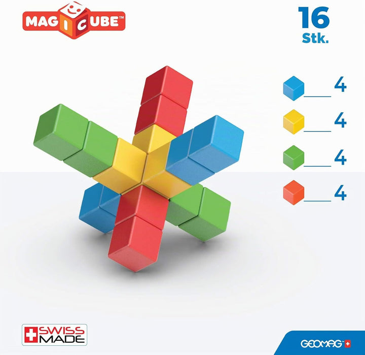 Geomag - Magicube 1+ Full Colour - Magnetic Cubes for Kids - 4 Colours - 16 Blocks – 100 Percent Rec