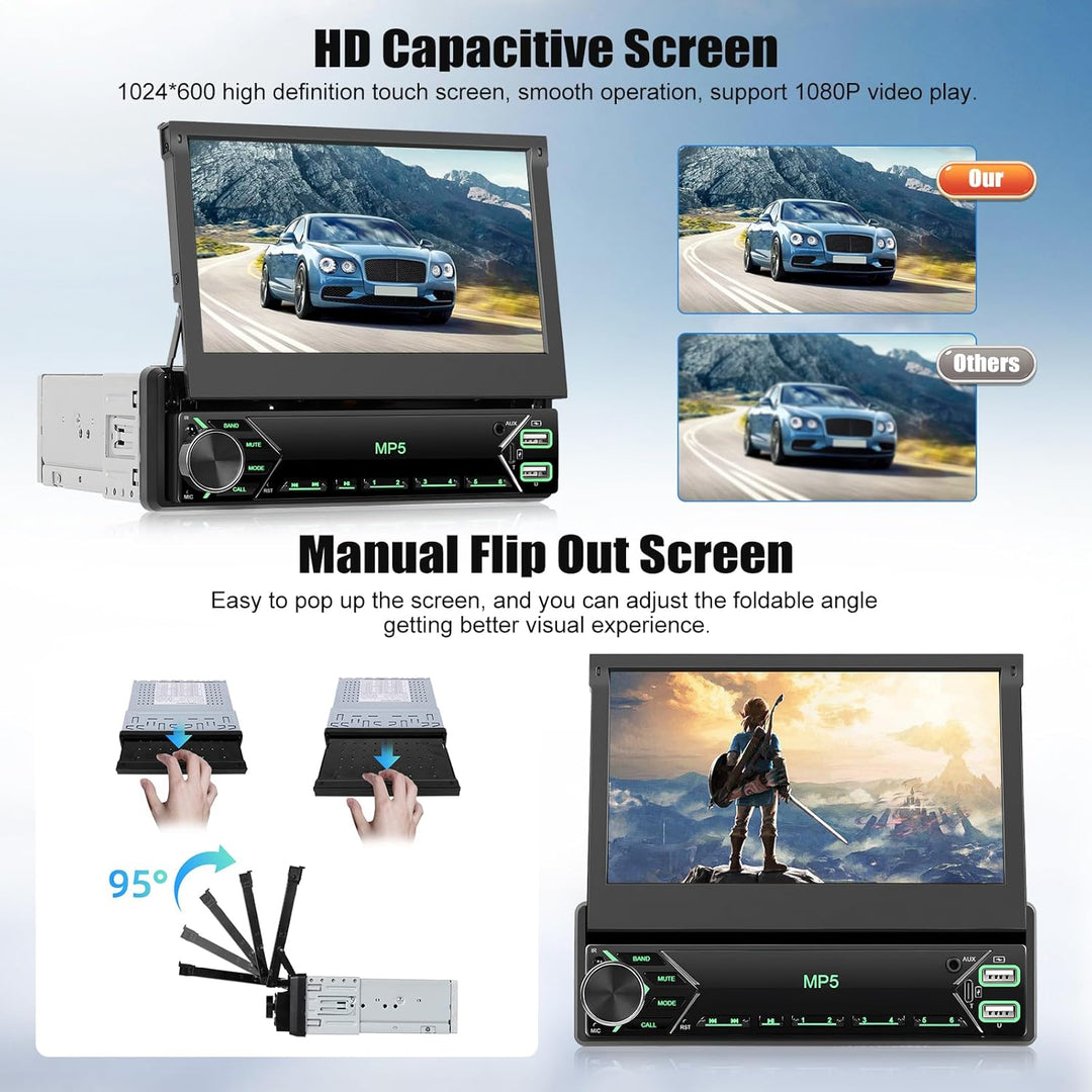 CAMECHO 1 Din DAB Autoradio mit Wireless Carplay Android Auto Mirror Link, 7 Zoll Manuelle Ausfahrba