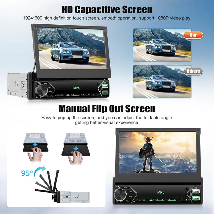 CAMECHO 1 Din DAB Autoradio mit Wireless Carplay Android Auto Mirror Link, 7 Zoll Manuelle Ausfahrba