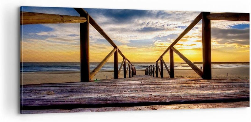 Bilder auf Leinwand 100x40cm Leinwandbild Strand Ozean Sand Holzbrücke Sonnenuntergang Gross Wanddek