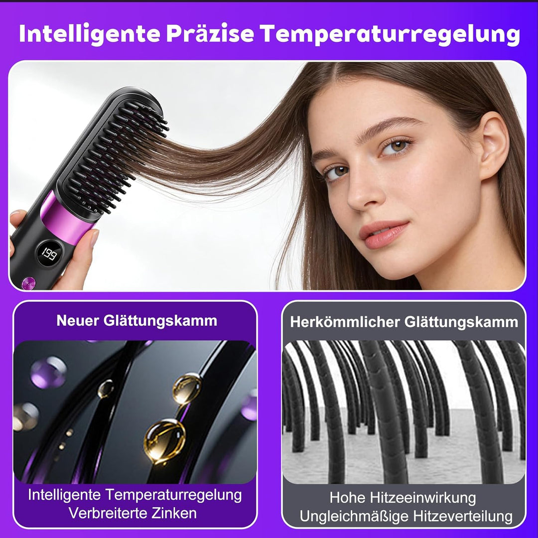 Stylingbürste für Kurze Haare, Glättbürste Kabellos, USB Wiederaufladbar, Tragbare Glättungsbürste f