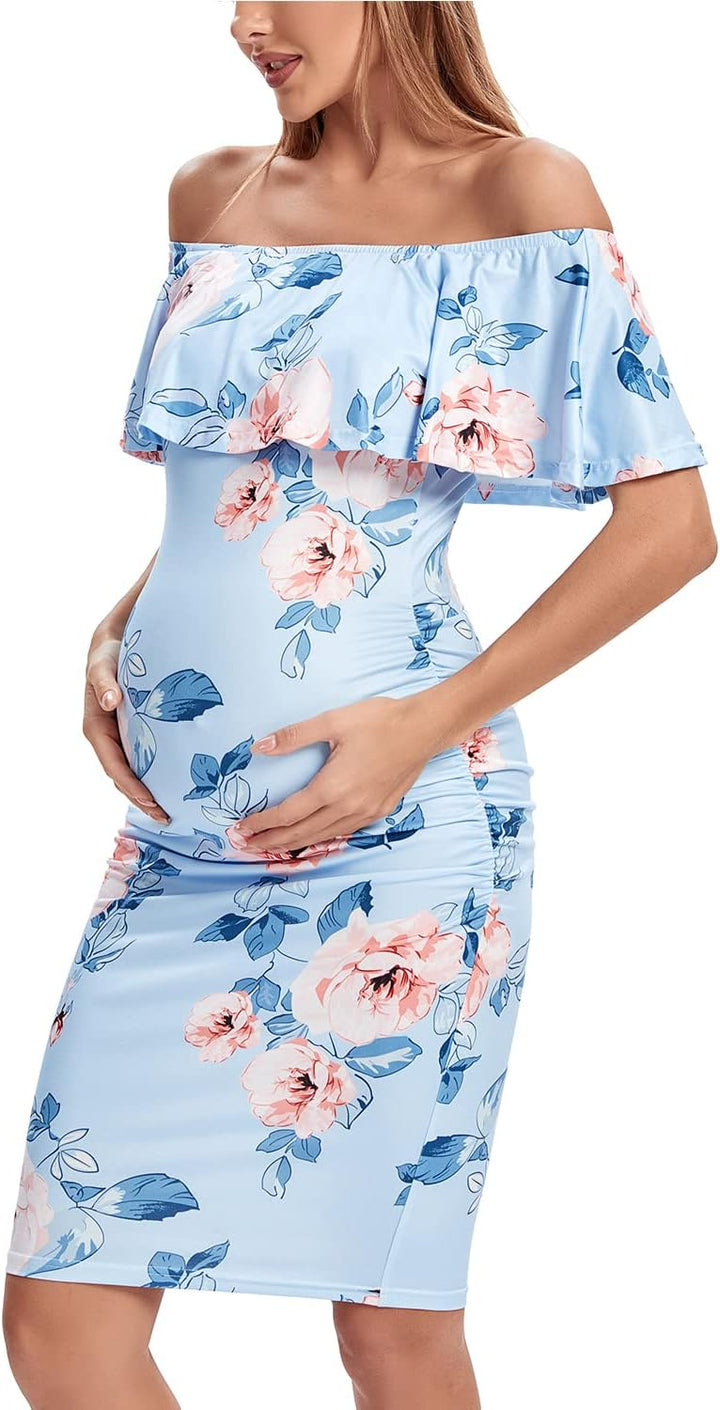 Shen&amp;Qege Umstandskleid Lässig mit Schulterfreiheit, Rüschen, ärmellos, Bodycon, Umstandsmode Sommer