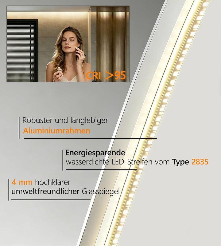 SVNR Badezimmer Spiegel 120x60cm | Spiegel Bad mit Beleuchtung, 3-Tasten-Touchbedienung, 3 Lichtfarb