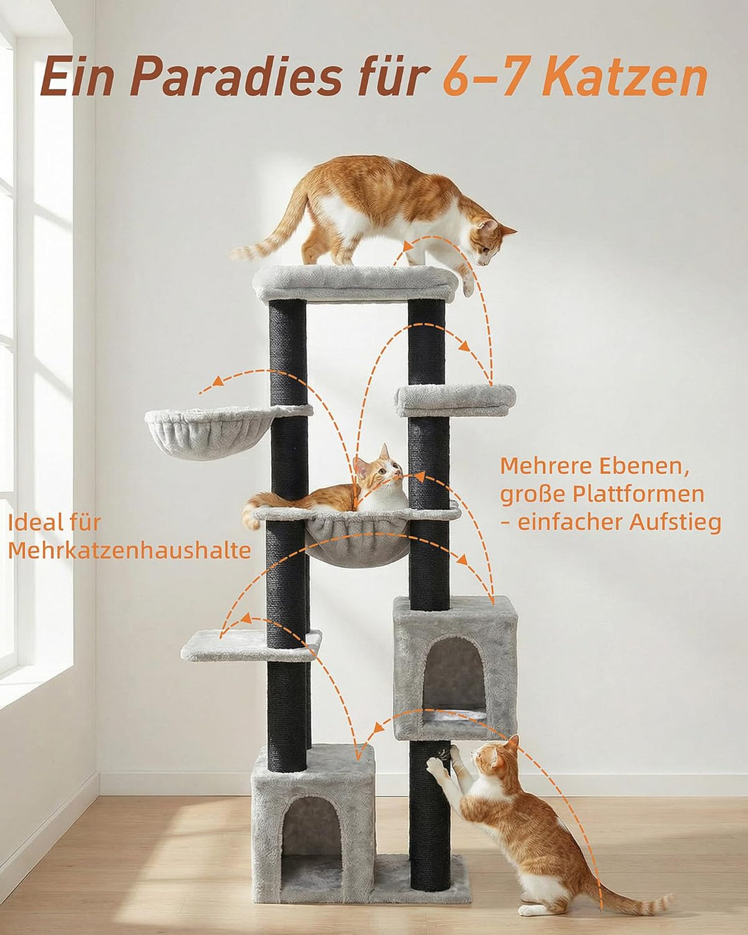 Kratzbaum Gross, 164cm Kratzbaum Grosse Katzen Stabil mit 11cm d Stämme, 2 Hängematte, 2 Plüschplatt