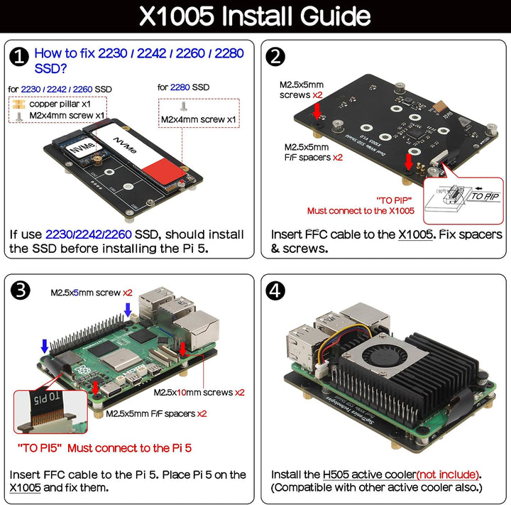Geekworm X1005 Dual NVMe M.2 SSD Shield Bottom-Mount HAT for Raspberry Pi 5 | Support Hailo-8 AI Acc
