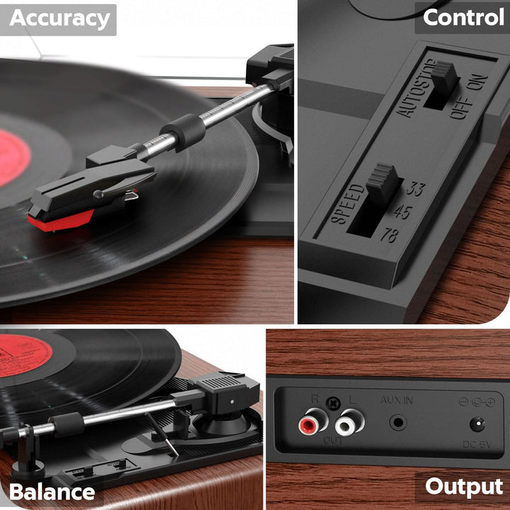FYDEE Plattenspieler, Bluetooth 5.4 Schallplattenspieler mit Einstellbarer Auflagekraft, 2x3W Stereo