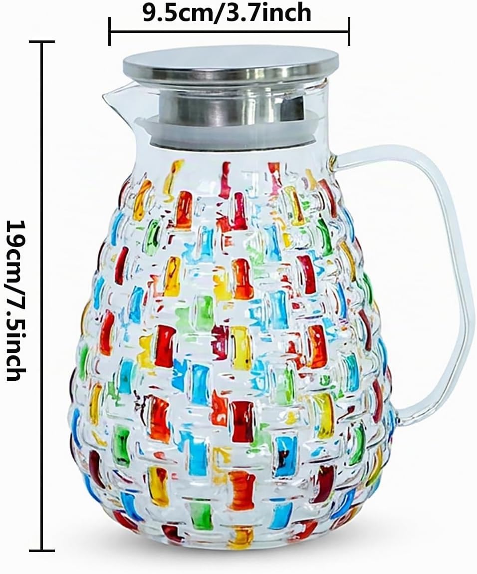 Handbemalter bunter Kristallglas-Krug mit Edelstahldeckel – buntes Webdesign, Wasserkrug, Karaffe, E