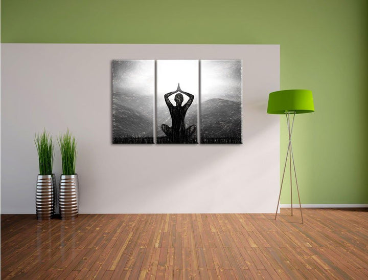 Pixxprint Meditierender Mann in den Bergen Kunst Kohle Effekt 3-Teiler Leinwandbild 120x80 Bild auf