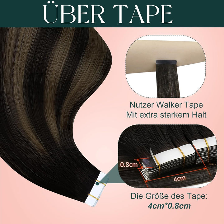 Easyouth Adhesive on Extension Haar Extensions Tape Echthaar 24 Zoll 50g Farbe Dunkelbraune Mischung