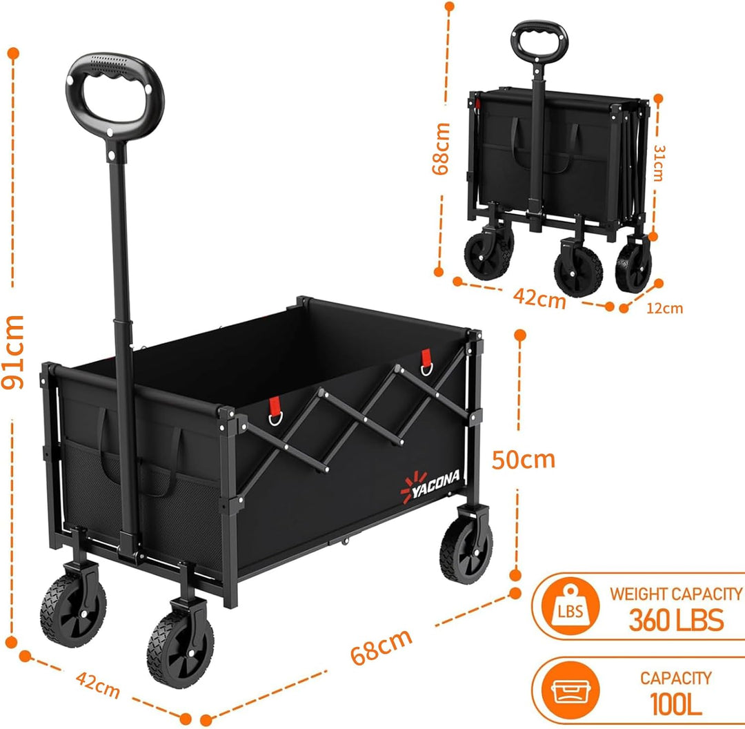 Bollerwagen Faltbar mit 4 verstärkten Rollen, Faltbarer Klappbarer Handwagen mit Griff, Bollerwagen