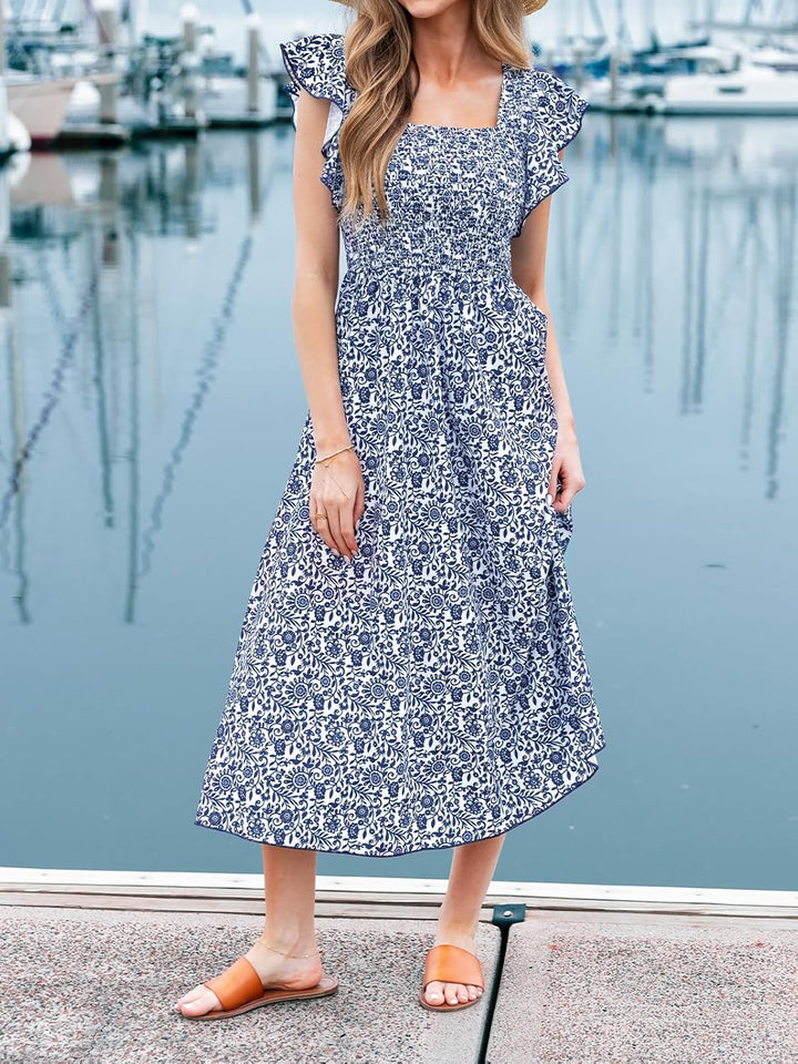 CUPSHE Damen Sommerkleid Quadratischer Ausschnitt Volantärmel Nadelstreifen A Linie Gesmoktes Maxikl
