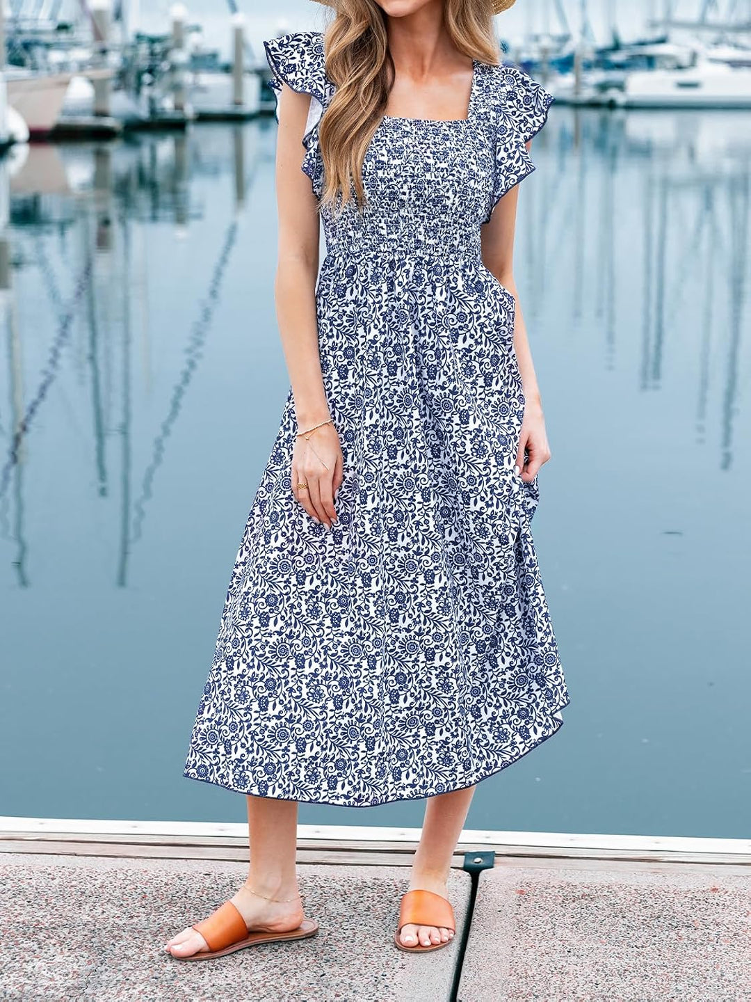 CUPSHE Damen Sommerkleid Quadratischer Ausschnitt Volantärmel Nadelstreifen A Linie Gesmoktes Maxikl