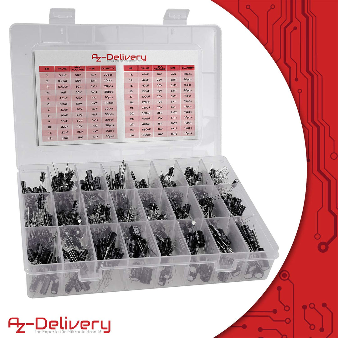 AZDelivery 3 x ElKo Sortiment Elektrolytkondensator Aluminium 24 Werte 500 Stück 0.1uF – 1000uF mit