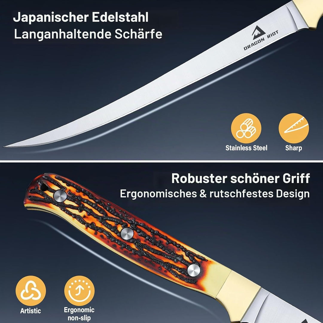 DRAGON RIOT Filetiermesser Fisch, 18.5 CM Fishing Edelstahl Fischmesser mit Anti-Rutsch-Griff，Ausbei