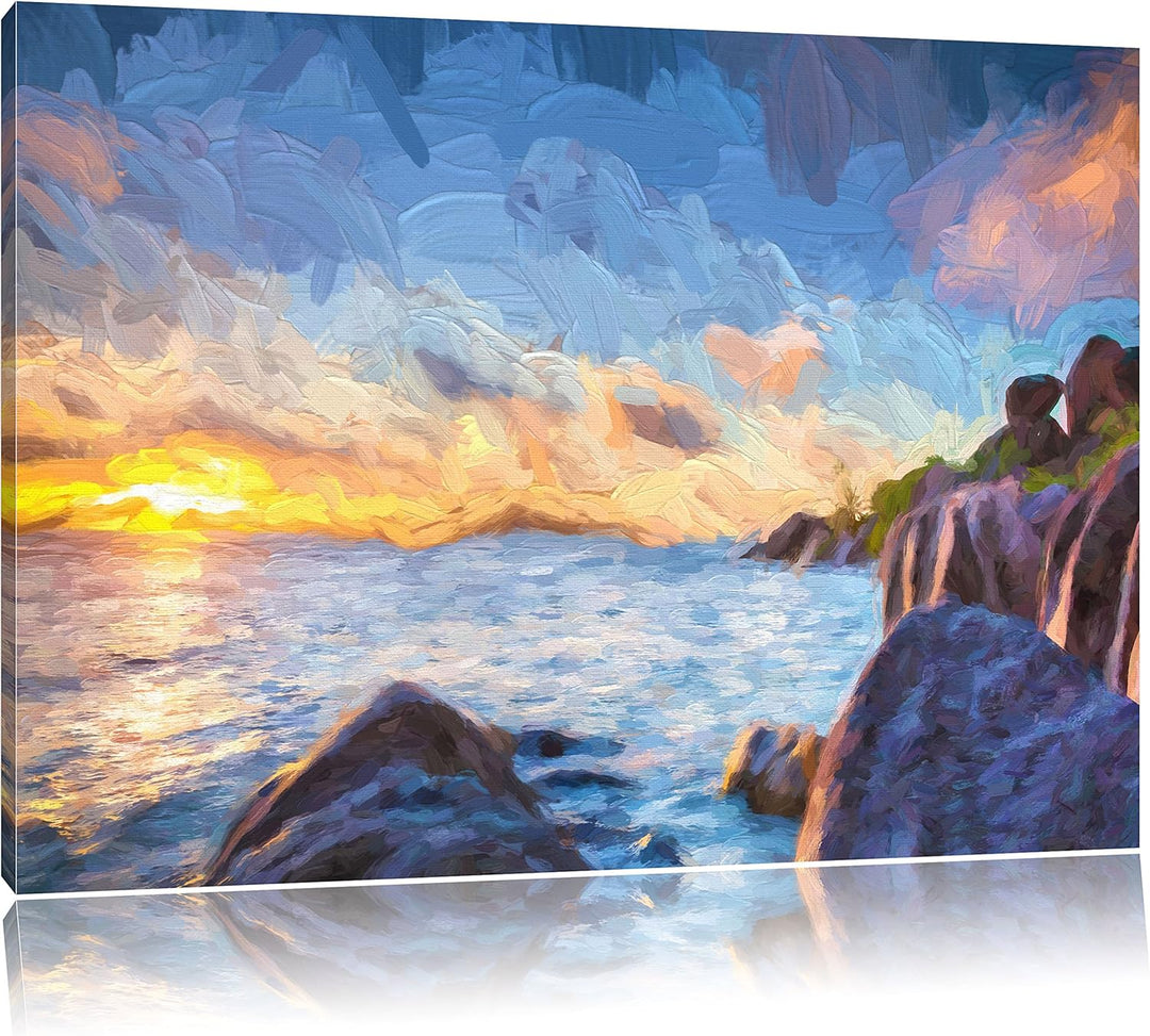 Pixxprint Sonnenuntergang Seychellen Kunst als Leinwandbild/Grösse: 100x70 cm/Wandbild/Kunstdruck/fe