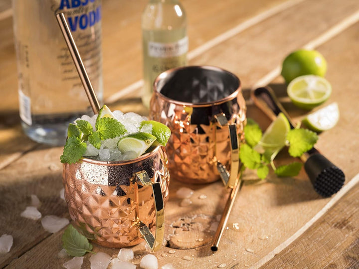 2 Moscow Mule Becher, 500 ml, hochwertige Edelstahl-Becher mit Ananas Struktur, lebensmittelecht, Pi