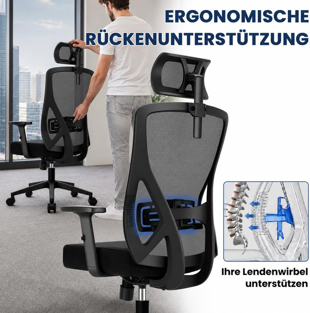 Bürostuhl Ergonomisch, Schreibtischstuhl mit Kopfstütze, Lordosenstütze und Höhenverstellbaren Armle