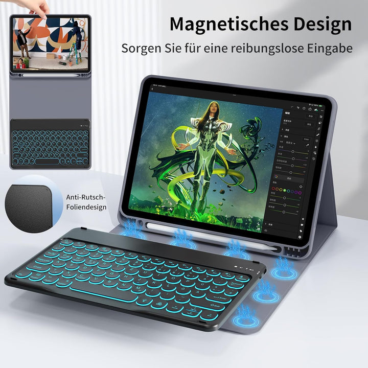 Hülle mit Tastatur Kompatibel mit iPad Air 6./ 5./ 4. Generation 11 Zoll M2/10,9 Zoll, 7 Farbige Bel