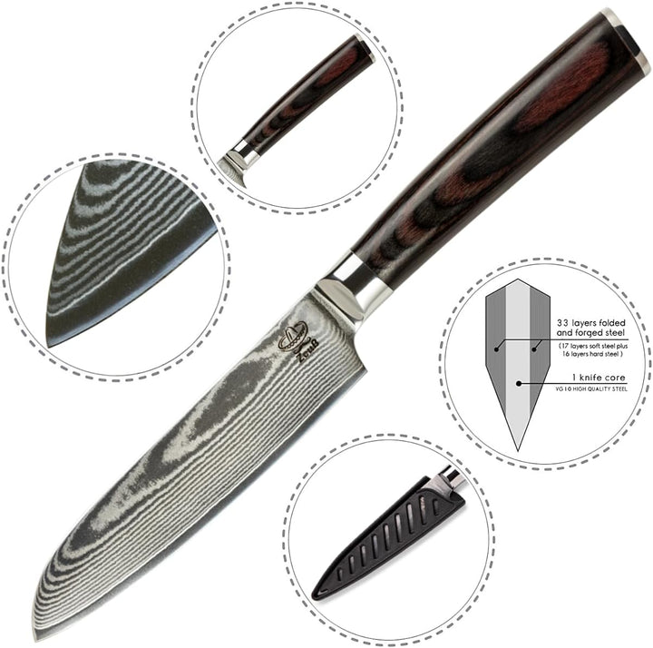 Damastmesser Santoku Messer L (24 cm) Profi-Kochmesser aus echtem 67 Lagen Damaststahl I Damast-Küch