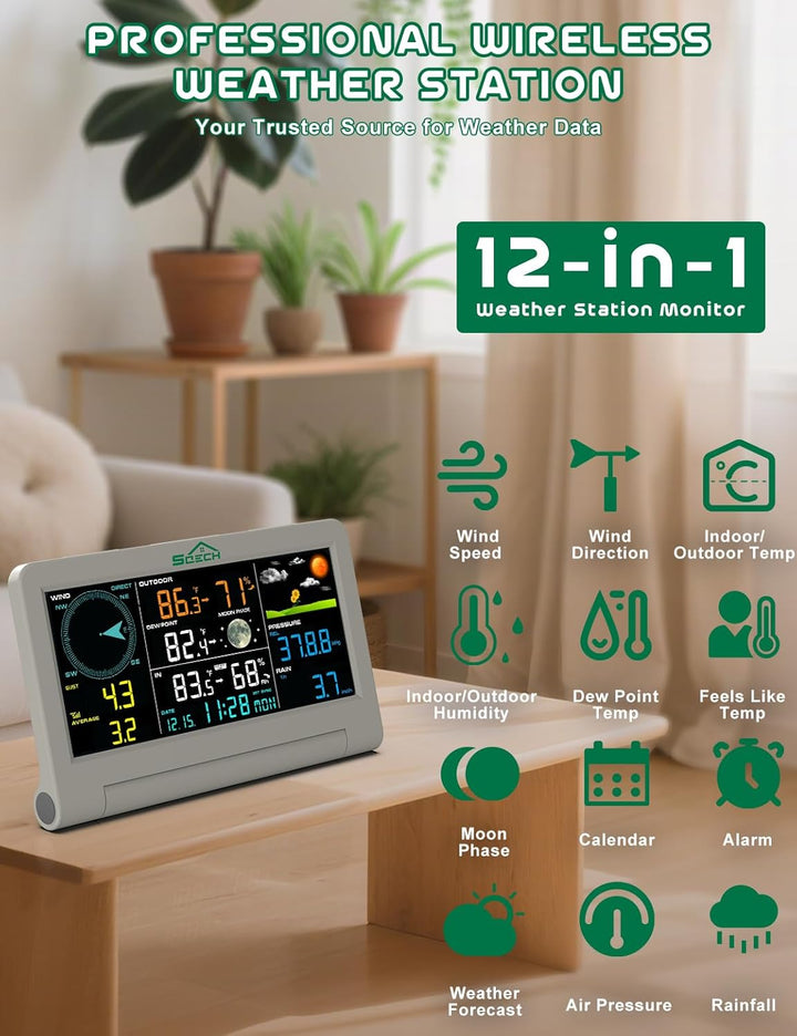 SQECH Wetterstation Funk mit Windmesser und Regenmesser, Aussensensor, 7-in-1 Wetterstationen Innen