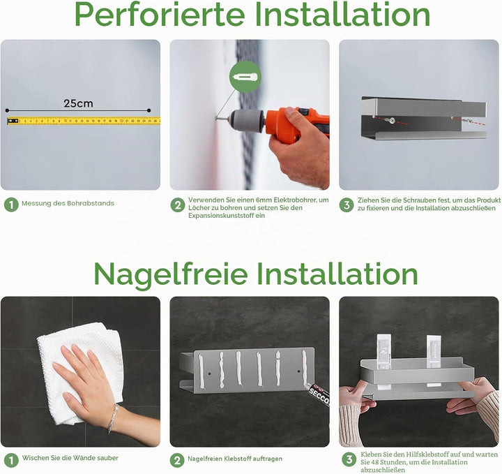 EXLECO 2x30CM Duschablage Ohne Bohren Duschregal Wand Edelstahl Badregal mit 2 Haken Duschkorb zum B