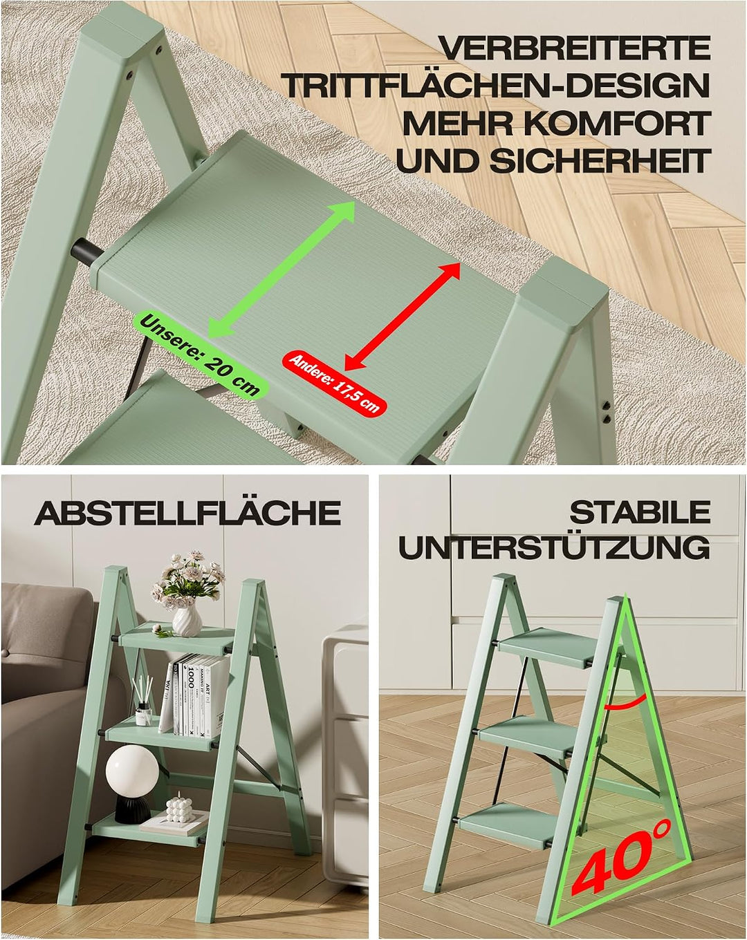 Trittleiter 3 Stufen klappbar,Tritthocker aus Aluminium | 150 kg Tragfähigkeit,Leiter mit rutschfest
