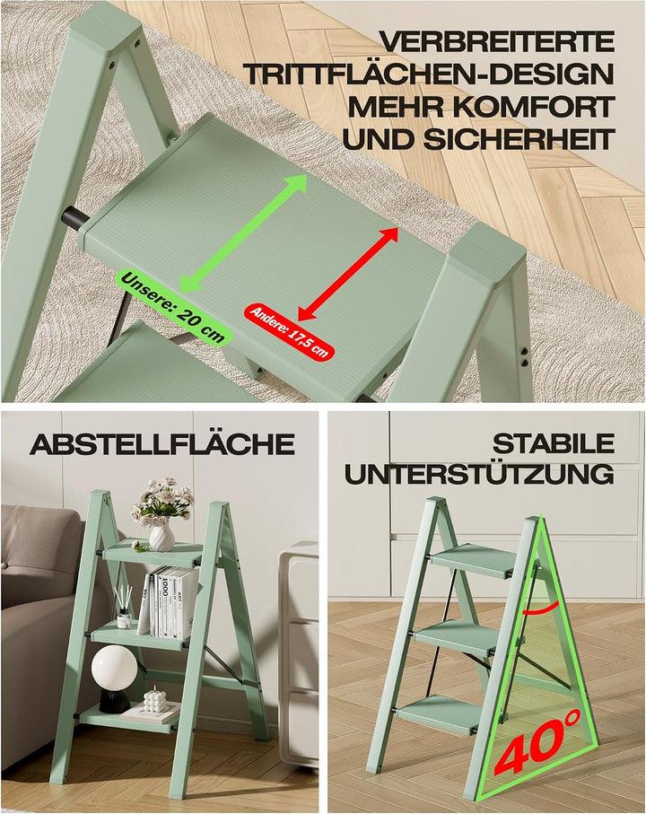 Trittleiter 3 Stufen klappbar,Tritthocker aus Aluminium | 150 kg Tragfähigkeit,Leiter mit rutschfest