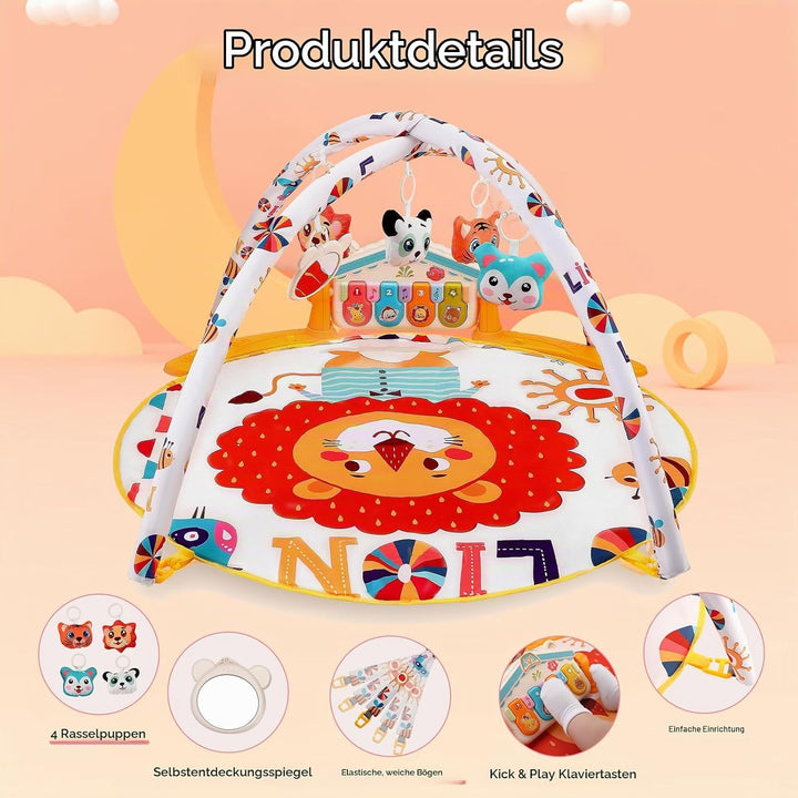 Spieldecke Baby Gym, 6 in 1 Spielbogen 0-12 Monate mit Musik Klaviermatte, 4 Hänge-Spielzeug, Licht