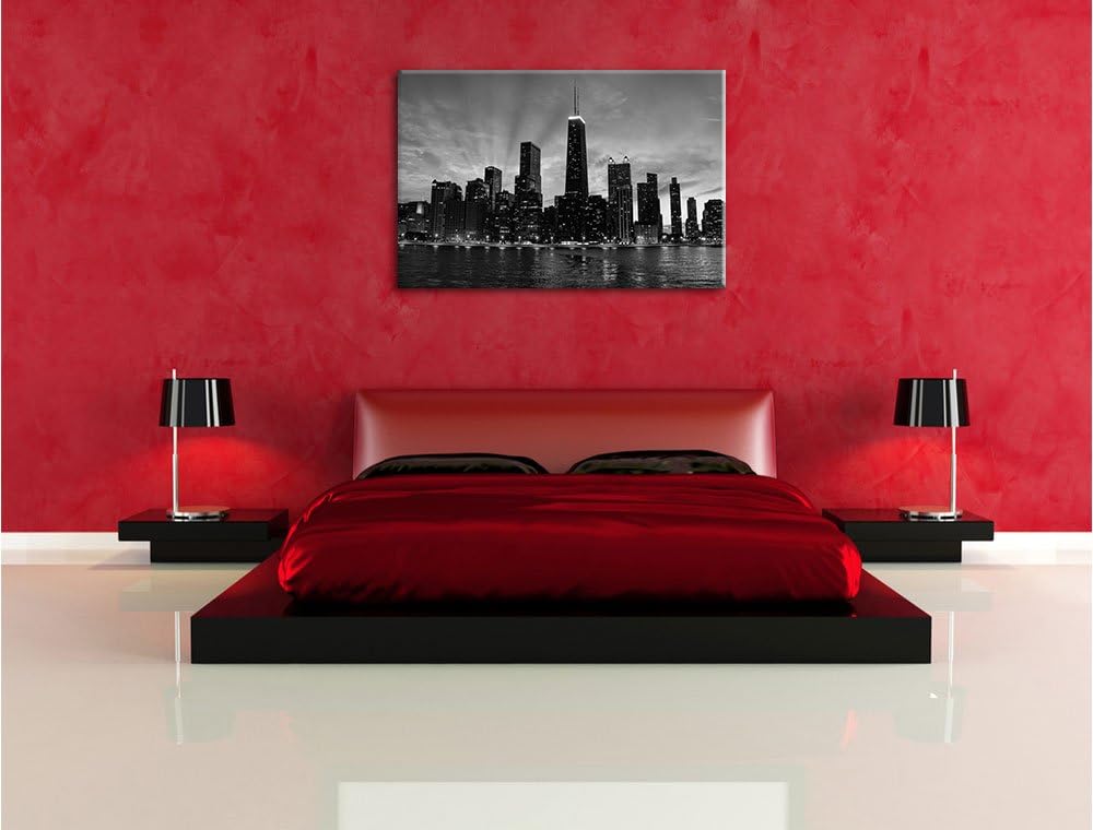 Pixxprint Chicago-Wolkenkratzer-Silhouette / 100x70cm Leinwandbild bespannt auf Holzrahmen/Wandbild