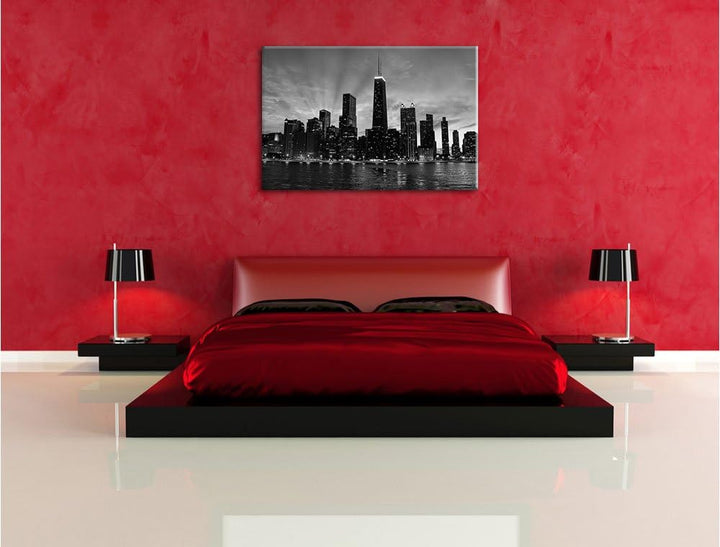 Pixxprint Chicago-Wolkenkratzer-Silhouette / 100x70cm Leinwandbild bespannt auf Holzrahmen/Wandbild