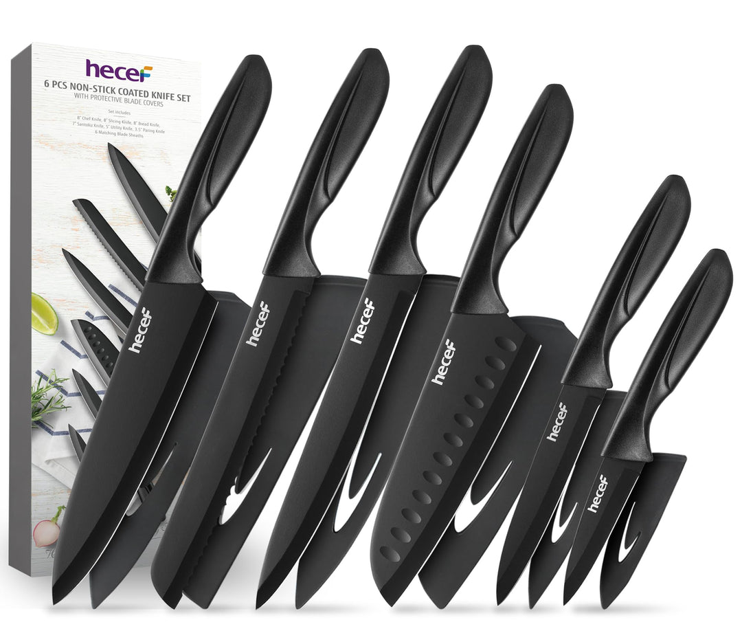 hecef Messerset Schwarz, Küchenmesser Set mit Antihaftbeschichtung, ergonomischer Griff, spülmaschin