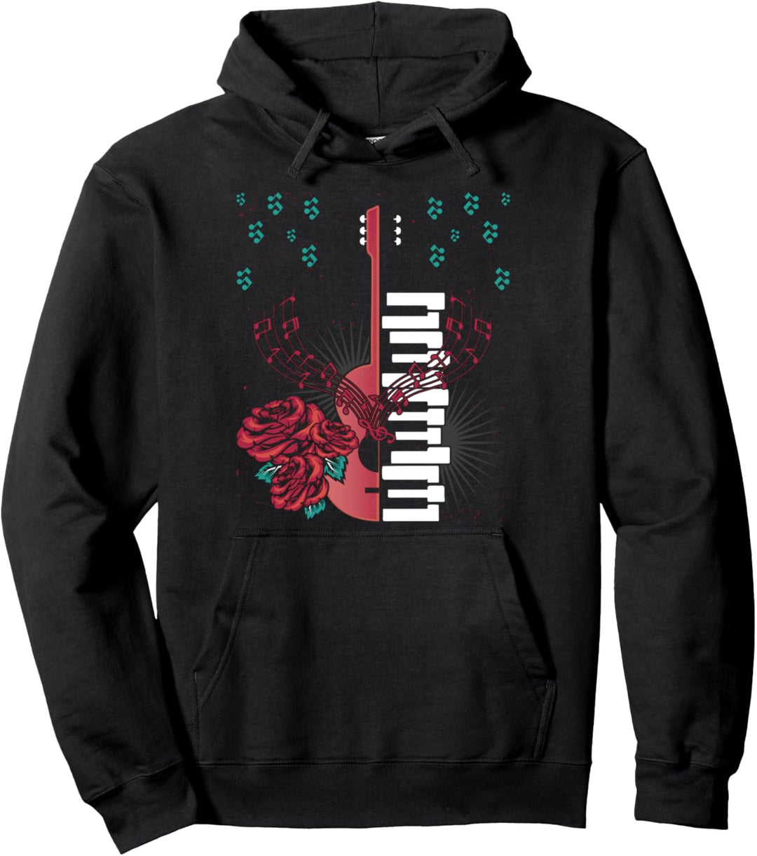 Gitarre Musiknoten Klaviertasten Rote Rosen Blume Musiker Pullover Hoodie