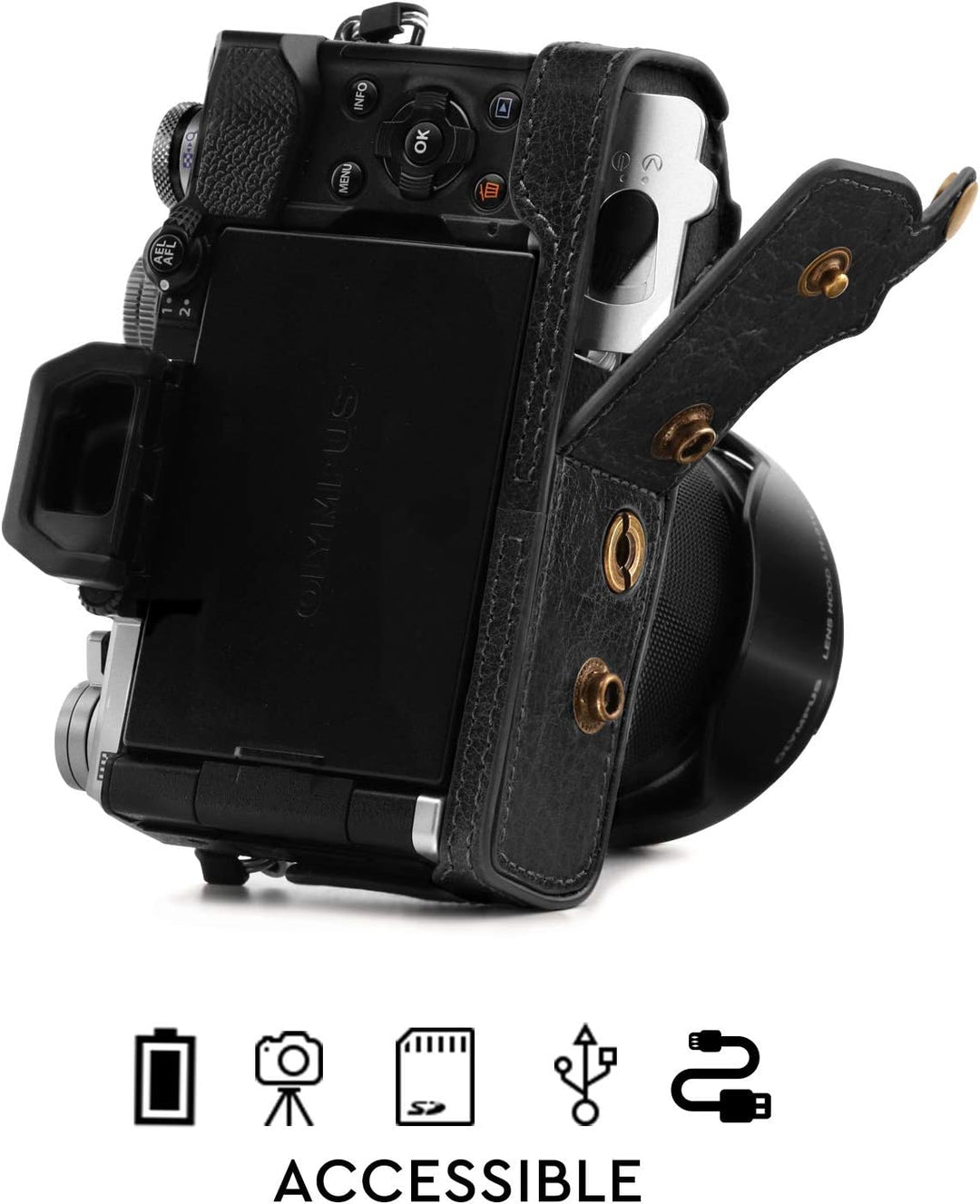 MegaGear Ever Ready MG1862 Kameratasche aus Echtleder, kompatibel mit Olympus OM-D E-M5 Mark III (14