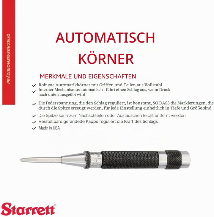 Starrett 18AA Automatischer Körner mit einstellbarem Hub, 4" Länge, 7/16" Durchmesser Single, Single