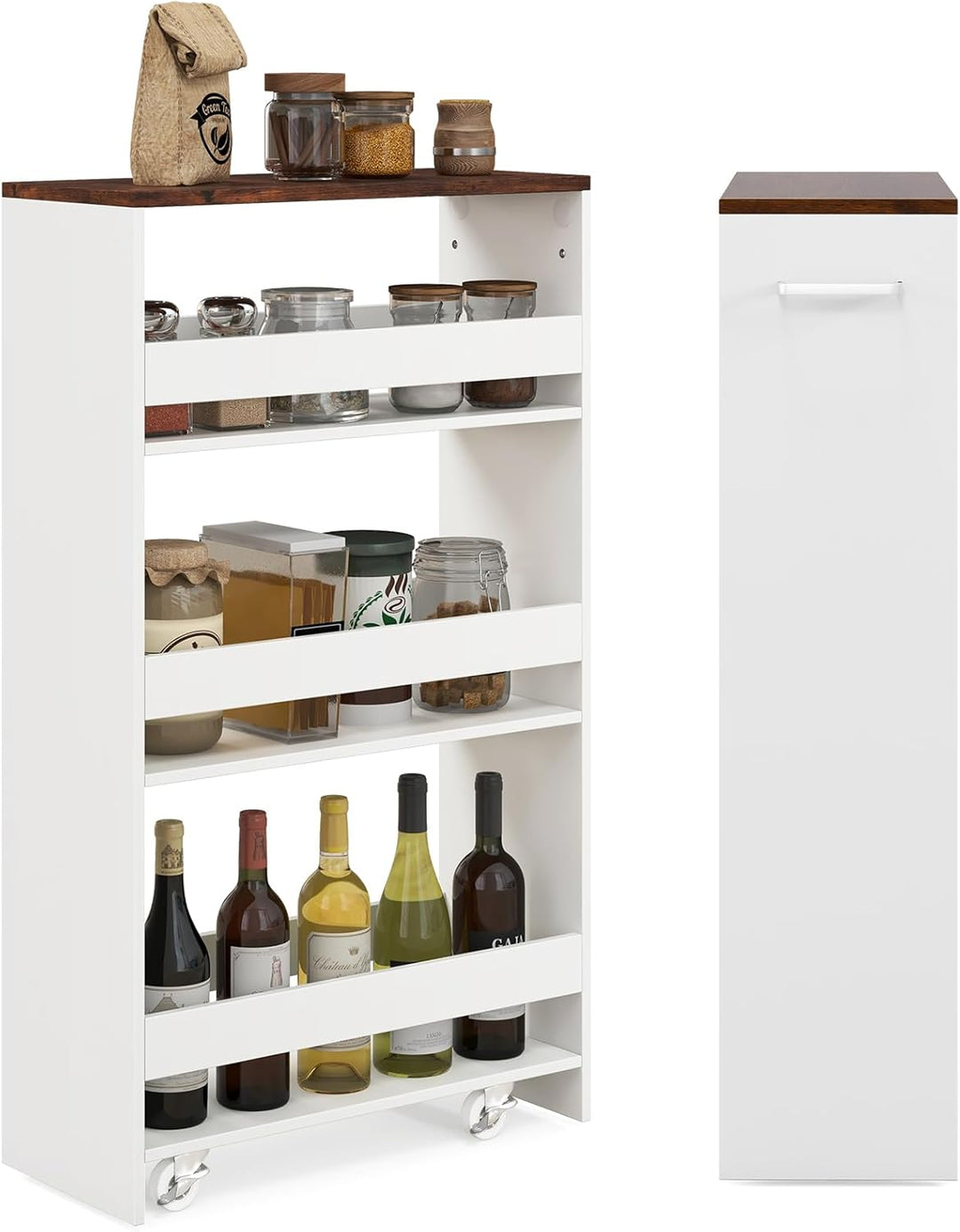 COSTWAY Nischenwagen 20cm breit, Nischenregal Badregal 4 Etagen, Nischenschrank auf Rollen, Servierw