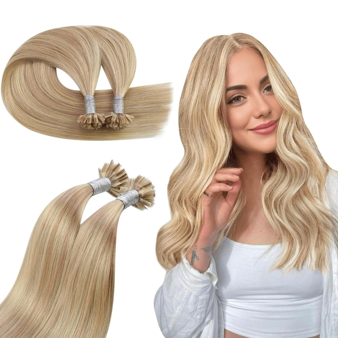 Ugeat Keratin Bonding Extensions Echthaar Blond Highlight Echthaar Extensions U Tip Goldblond mit He