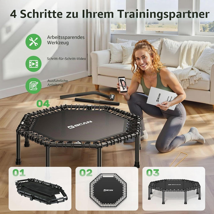 BCAN Trampolin Indoor Erwachsene, Testsieger, 250 kg Tragkraft, Ø 122/130 cm, mit Bungee-Seilen & Ve