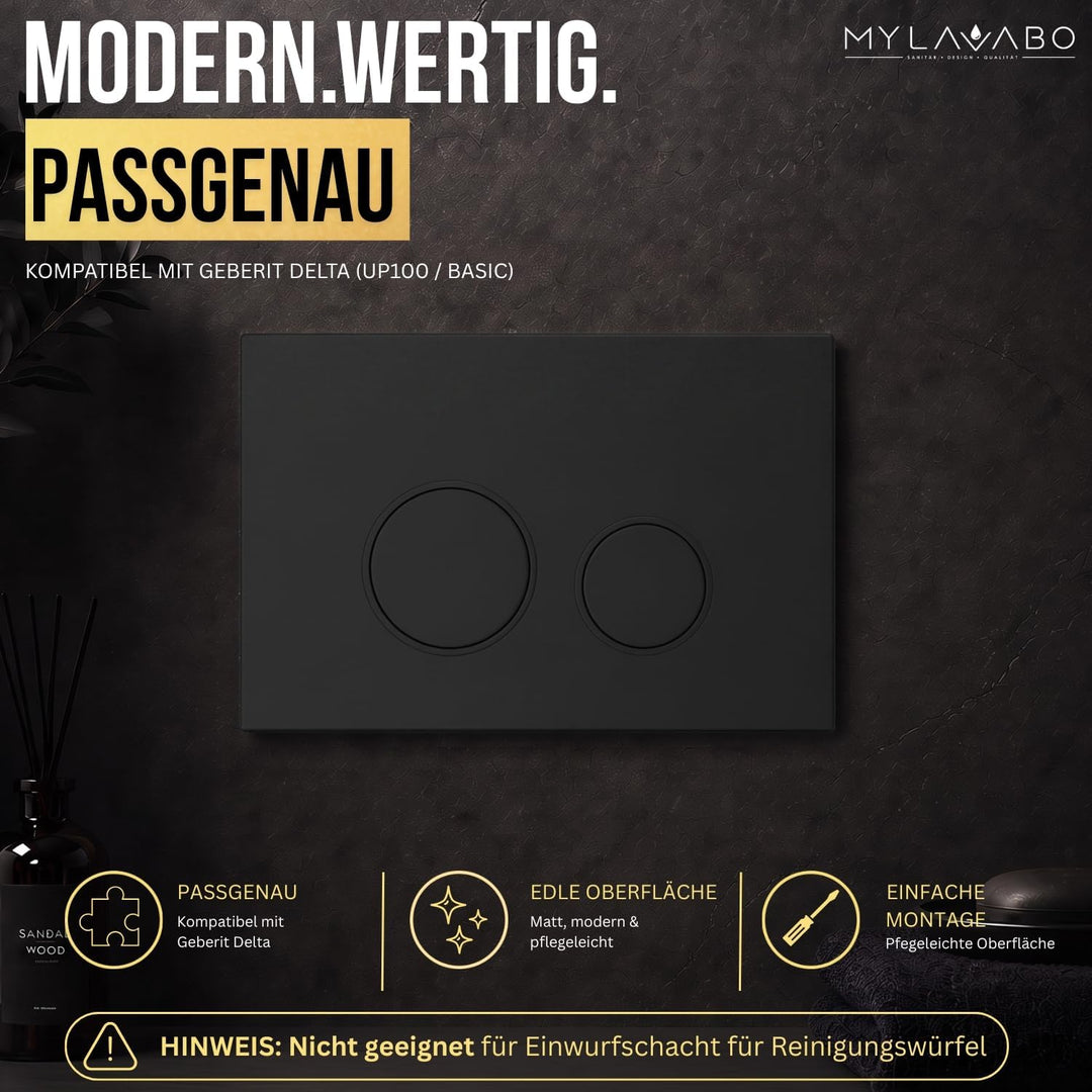 Drücker- & Betätigungsplatte passend für Geberit Delta (Kunststoff, schwarz, schwarze Ringe) | sw-sw