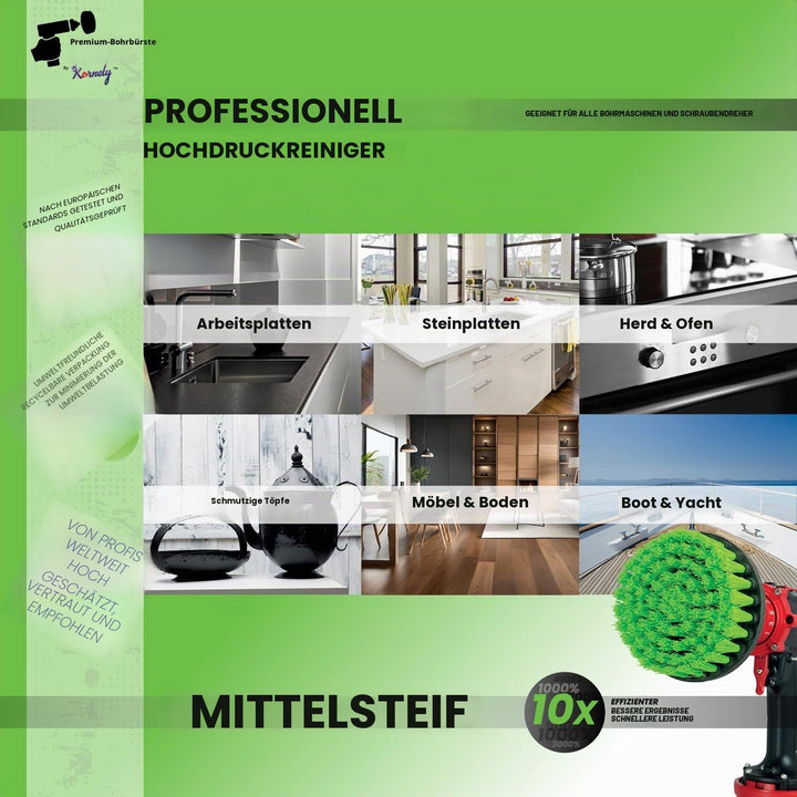 Premium Bohrbürste Professional – Mittelstark 13 cm Grün 3er-Set | Kratzfreie Küchen-Reinigungsbürst