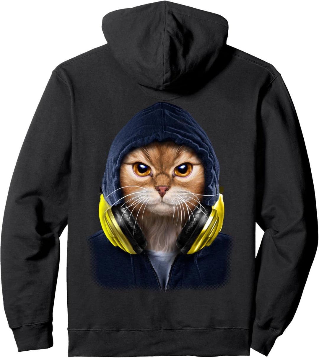 Orange Katze in einem dunklen Kapuzenpulli und Kopfhörern Pullover Hoodie