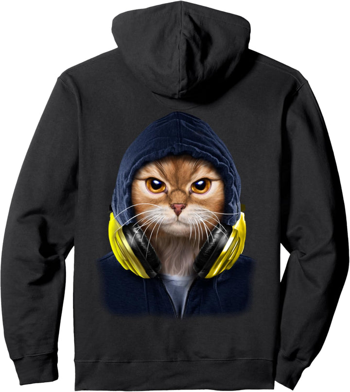 Orange Katze in einem dunklen Kapuzenpulli und Kopfhörern Pullover Hoodie