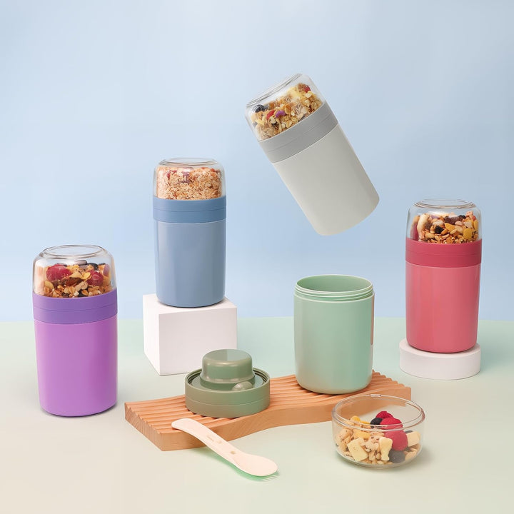 Bugucat Müslibecher to Go 520ML+250ML 2er,Praktischer Joghurtbecher mit Löffel, Auslaufsicher Müsli